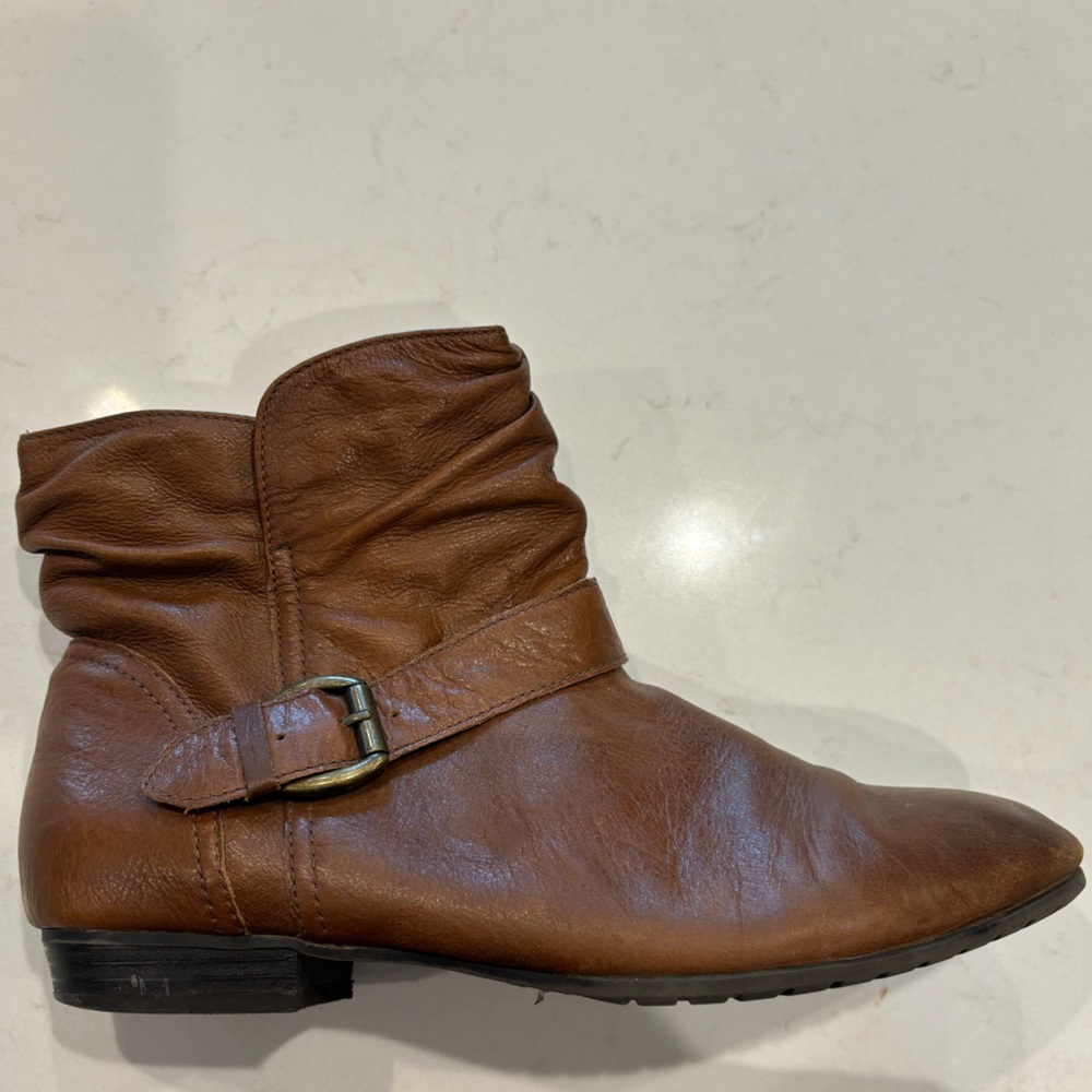 Brown ankle boots, buckle detail at ankle, low heel, Aldo, size 9